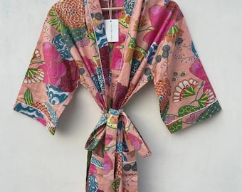 Cotton Kimono Robe: Vintage Style Bird Print Kaftan