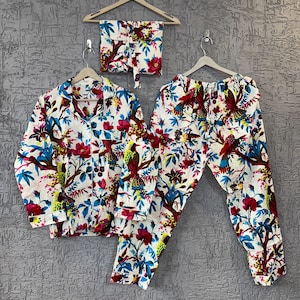 White Bird Print Handmade Pajama Night Wear Suit, Party Wear Dress, Lounge Wear Pajama Set, Soft Cotton Pajama, Pure Cotton Pajama Set