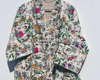 Veste kimono matelassée Kantha faite main : manteau en coton à imprimé floral