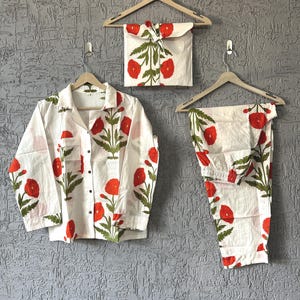 Pajama Set, Matching Pajama Set, Summer Wear Pajama Set White Floral Night Suit, Pure Cotton Pajama Set, Night Suit, Floral Pajama Set
