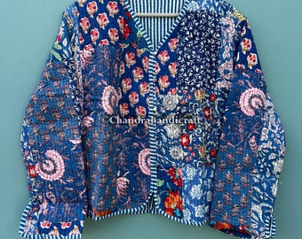 Reversible Cotton Quilted Jacket: Blue Floral Patchwork, Bohemian Style