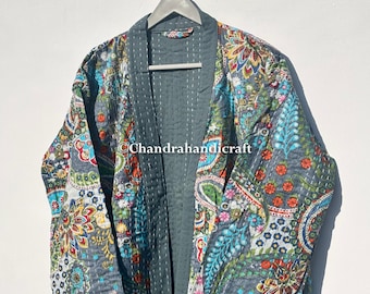 Gray Paisley Kantha Kimono Robe: 100% Cotton Quilted Jacket