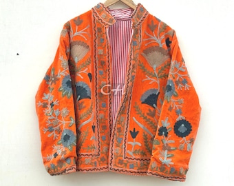 Handmade Velvet Suzani Jacket: Boho Winter Coat with Pockets