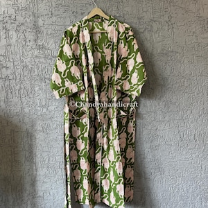 Boho Cotton Kimono Robe: Lightweight Bird Print Dressing Gown