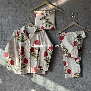 Indian PJ Set, 100% Cotton Floral Print Pajama Set, Night Wear, Bridesmaid Pajama Set, Women&#39;s Pajamas Set, Cotton Pants And Shirt