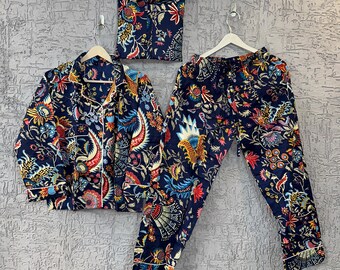 Navy Blue Cotton Pajama Set: Mukut Print Sleepwear Loungewear
