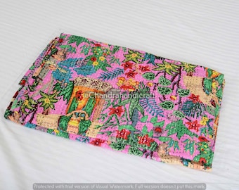 Trapunta Kantha floreale Vintage BEIGE fatto a mano in cotone organico coperta c