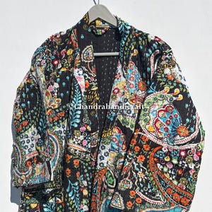 Black Paisley Kimono !! Winter Warm Cotton Kantha Kimono, Indian Kantha Quilt Jacket, Beach Wear Stitch Kantha Robe Long Bath Robe Dressing
