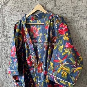 Women&#39;s Kimono Robe Cotton Dressing Gown Boho Cotton Bathrobe for Women Lightweight 100% Organic Cotton Screen printed Long Yukata japanese