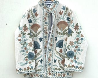 White Velvet Suzani Embroidery Jacket: Handmade Floral Coat