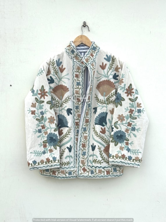 White Velvet Suzani Embroidery Jacket: Handmade Floral Coat