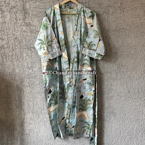 Indian Handmade Floral Cotton Kimono Robe | Boho Loungewear | Lightweight Bathrobe | Jungle Print Dressing Gown | Soft Cotton Kimono | Gifts