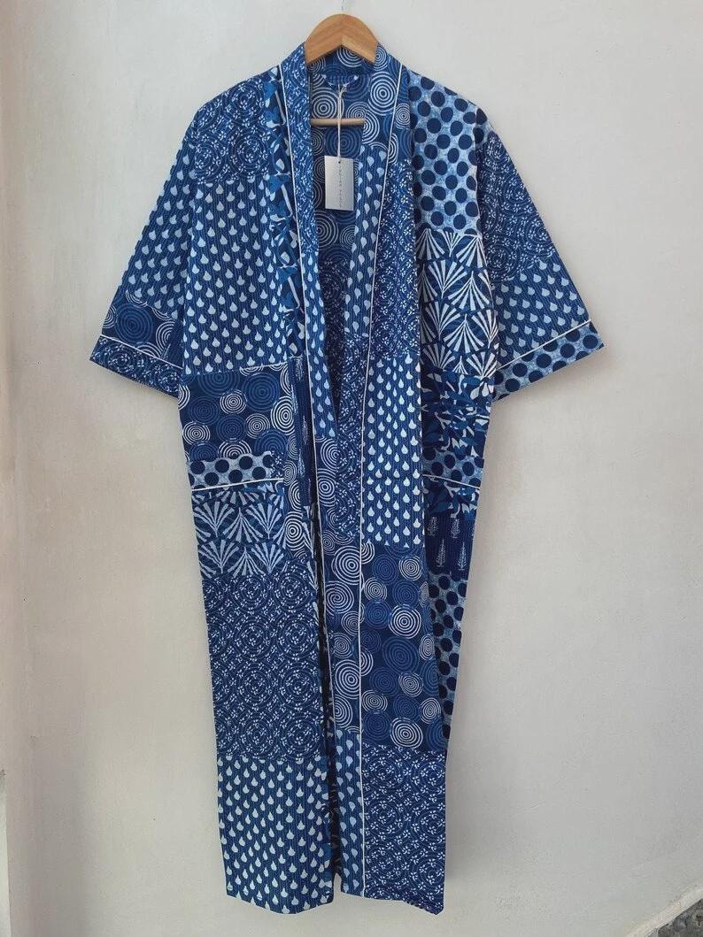 Indigo Robe Blue Indigo Cotton Kimono Robe: Boho Dressing Gown, Organic Cotton - Etsy
