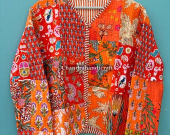 Reversible Cotton Kantha Quilted Jacket: Bohemian Patchwork Boho Coat