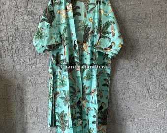 Safari Print Cotton Kimono Robe: Turquoise Boho Lounge Gown