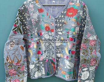 Reversible Patchwork Quilted Cotton Jacket: Handmade Kantha Stitch Coat