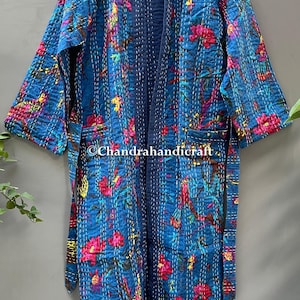 Blue Floral Print Hand Made Kantha, 100% Cotton Bath Robe,Indian Hand Made Kantha,Cotton Kimono, Traditional Robe/kimono