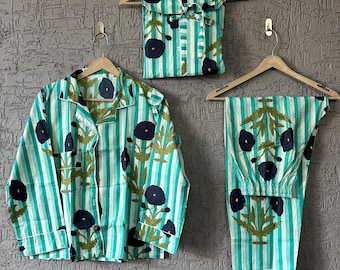 Handmade Floral Cotton Pajama Set: Women's Night Suit with Bag