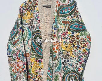 Veste kimono Kantha cachemire blanche : manteau long en coton cousu main