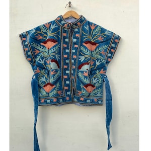 Velvet Suzani Vest: Floral Embroidered Kantha Jacket