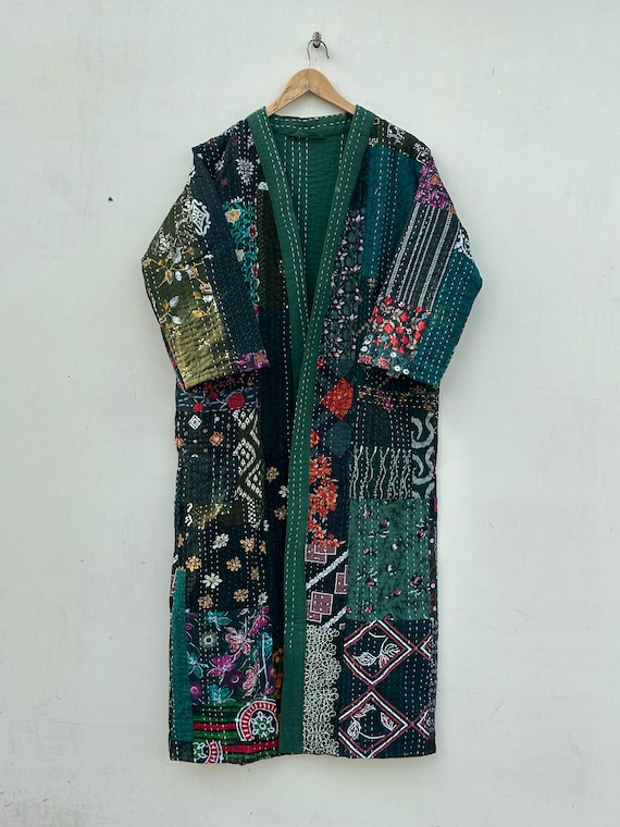 Handmade Vintage Cotton Sari Quilted Kimono Jacket: Patchwork Robe