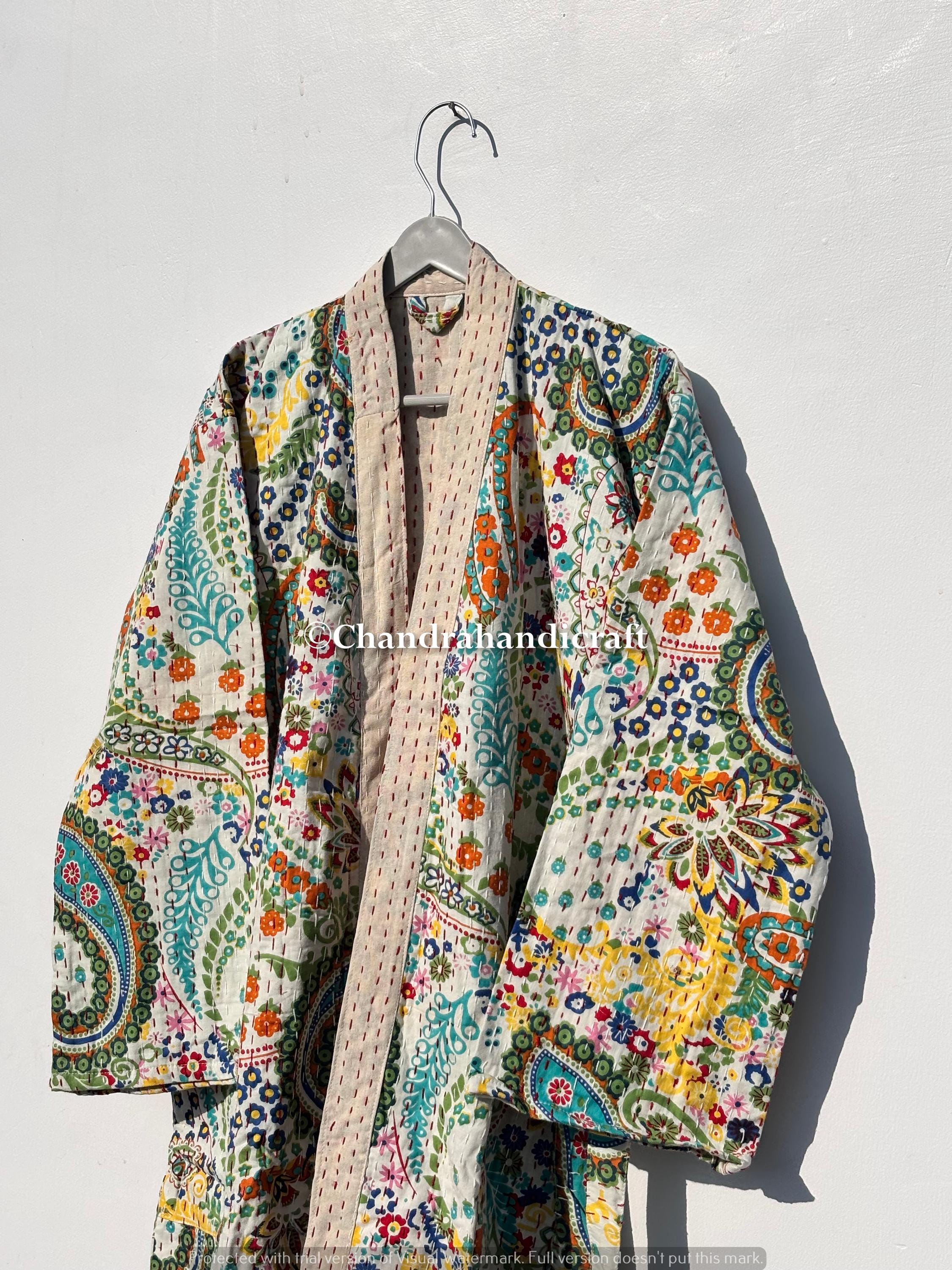 Indian Kantha Stitch Cotton Robe: Paisley Print Kimono Duster Coat