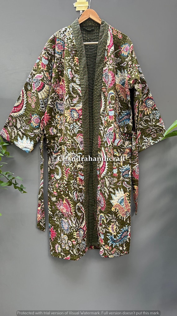 Handmade Kantha Kimono Jacket: Quilted Cotton Robe, Mukut Print