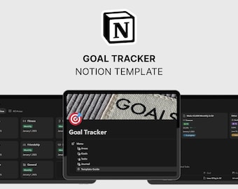 May include: A digital goal tracker template for Notion, displayed on three tablets. The template features a black and white interface with sections for areas, goals, and tasks. The text "Goal Tracker Notion Template" is displayed above the tablets.