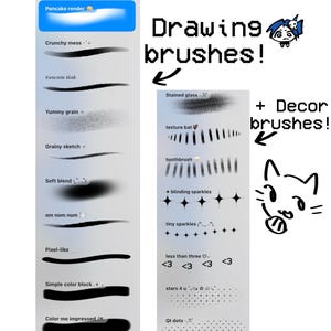 May include: A digital display of drawing and decor brushes featuring various stroke textures and patterns. The list includes labels such as Crunchy mess, Concrete slab, Yummy grain, Grainy sketch, Soft blend, om nom nom, Pixel-like, Simple color block, Color me impressed, Stained glass, texture bat, toothbrush, blinding sparkles, tiny sparkles, less than three, stars 4 u, and Qt dots.