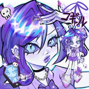 May include: A digital illustration featuring a character with vibrant purple hair, light blue eyes, and a lip piercing. The character wears a chain necklace and a bow tie. The artwork includes a small coffin-shaped frame, skull icons, and Japanese text.