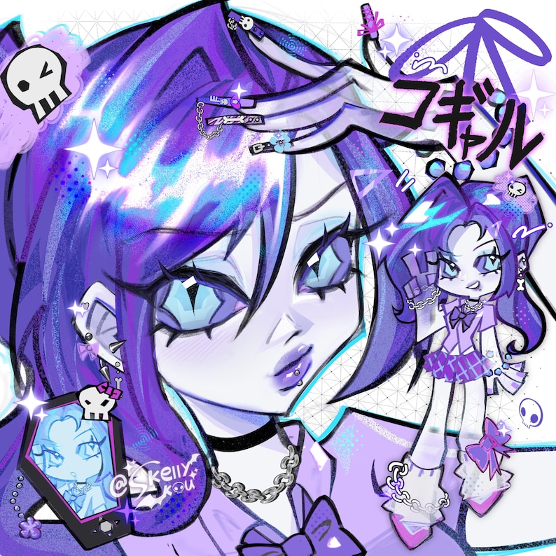 May include: A digital illustration featuring a character with vibrant purple hair, light blue eyes, and a lip piercing. The character wears a chain necklace and a bow tie. The artwork includes a small coffin-shaped frame, skull icons, and Japanese text.