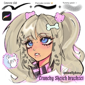 May include: A digital illustration of a character with blonde pigtails, blue eyes, and facial piercings, featuring pink bear hair clips and a bone accessory. The image displays brush strokes labelled Concrete slab, Pancake render, and Yummy grain.