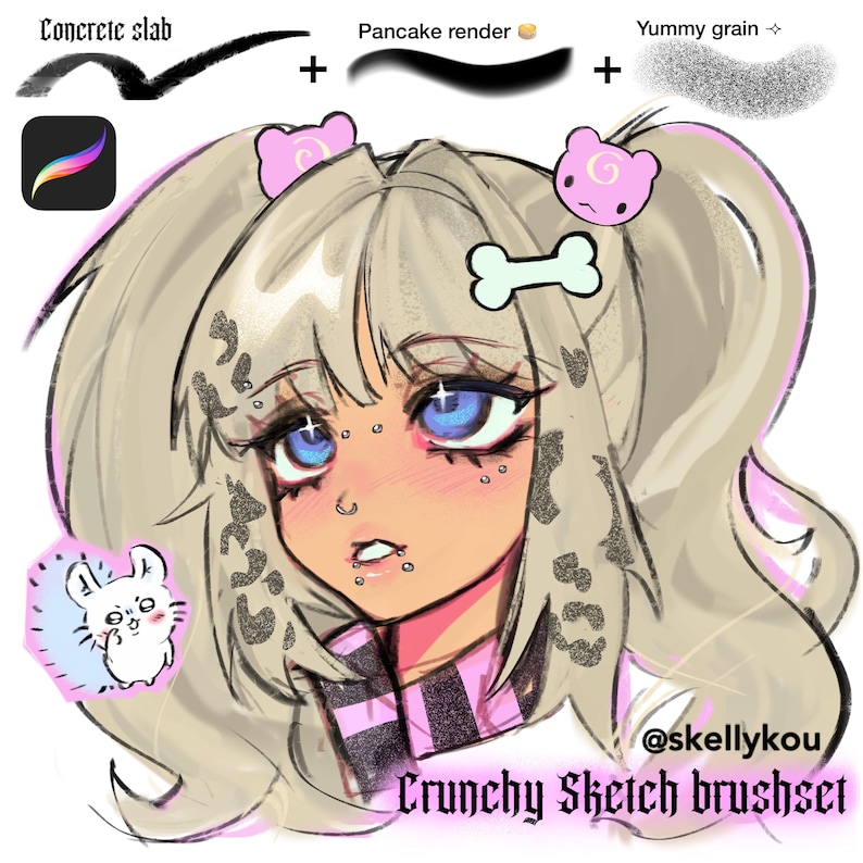 May include: A digital illustration of a character with blonde pigtails, blue eyes, and facial piercings, featuring pink bear hair clips and a bone accessory. The image displays brush strokes labelled Concrete slab, Pancake render, and Yummy grain.