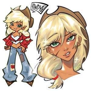 May include: A digital illustration of a character with blonde hair, green eyes, and a brown cowboy hat. The character wears a red plaid shirt, white top, and blue jeans with patches. The text HOWDY is visible, along with a close-up portrait.