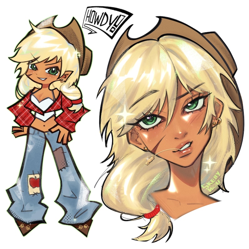 May include: A digital illustration of a character with blonde hair, green eyes, and a brown cowboy hat. The character wears a red plaid shirt, white top, and blue jeans with patches. The text HOWDY is visible, along with a close-up portrait.