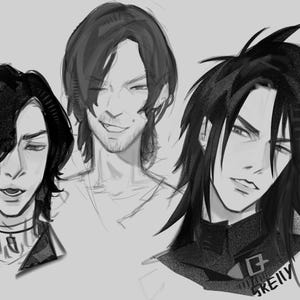 May include: A digital illustration featuring three distinct head-and-shoulder portraits of characters with dark hair. The figures exhibit varied expressions and hairstyles, rendered in a monochromatic grayscale palette with the signature SKELLY visible.