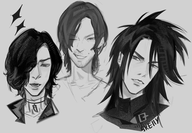 May include: A digital illustration featuring three distinct head-and-shoulder portraits of characters with dark hair. The figures exhibit varied expressions and hairstyles, rendered in a monochromatic grayscale palette with the signature SKELLY visible.