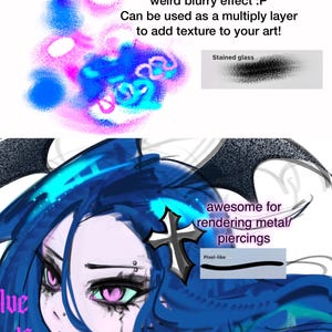 May include: A digital art brush set display featuring a colourful abstract texture sample with the text weird blurry effect :P and Stained glass, alongside a character illustration with blue hair, pink eyes, a cross icon, and text Pixel-like.
