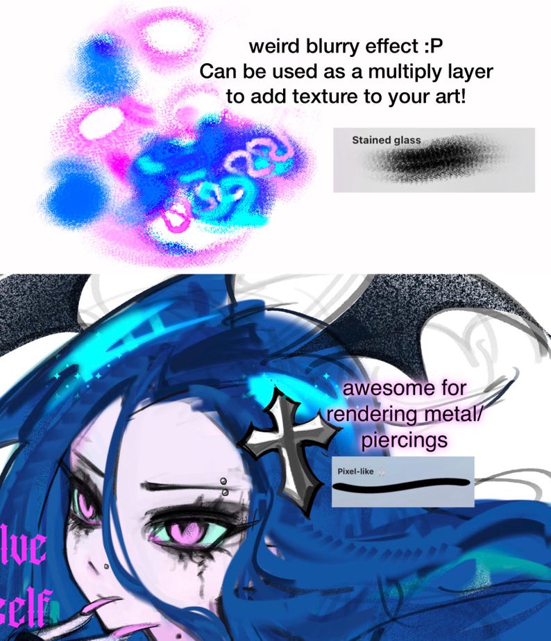 May include: A digital art brush set display featuring a colourful abstract texture sample with the text weird blurry effect :P and Stained glass, alongside a character illustration with blue hair, pink eyes, a cross icon, and text Pixel-like.