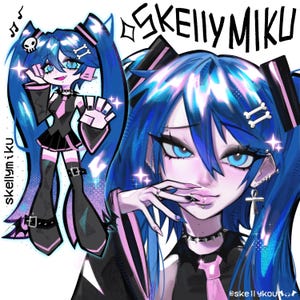 May include: A digital illustration titled SKELLYMIKU featuring a character with long blue twin tails, a black outfit with pink accents, and skull hair accessories. The character has blue eyes, piercings, and a spiked collar, shown in full and close-up.