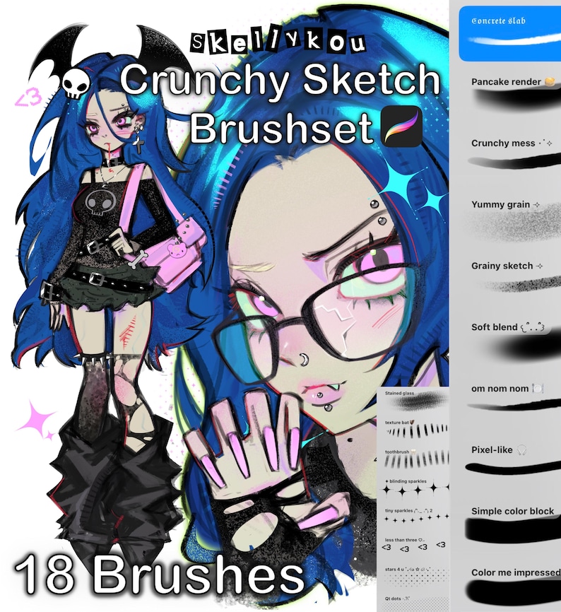 Procreate Crunchy Textured Brushes on a white canvas depicting an illustration of a blue haired anime character