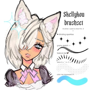 May include: A digital illustration of a character with white hair and animal ears, featuring the text Skellykou brushset and a list of brush strokes labelled blinding sparkles, grainy sketch, texture bat, stars 4 u, and color me impressed.
