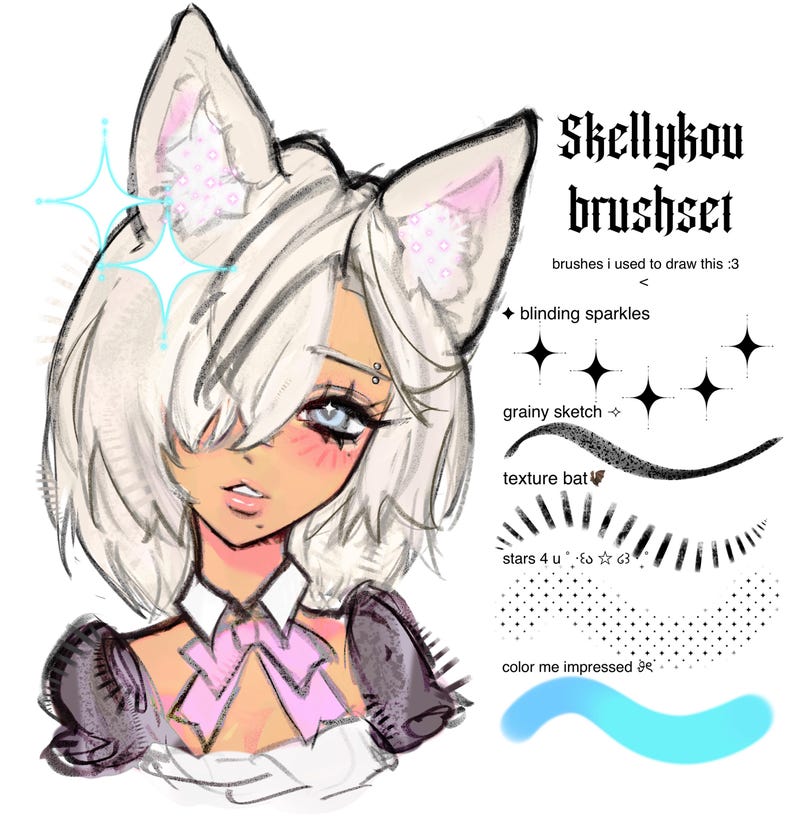 May include: A digital illustration of a character with white hair and animal ears, featuring the text Skellykou brushset and a list of brush strokes labelled blinding sparkles, grainy sketch, texture bat, stars 4 u, and color me impressed.