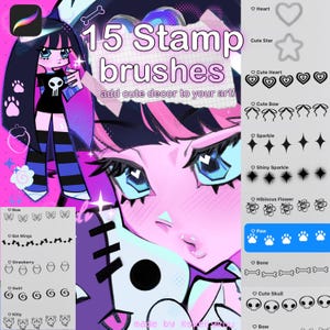 Könnte beinhalten: Ein digitales Set aus 15 Stempelpinseln für Procreate mit einer rosa und lila Anime-Charakterillustration. Die Benutzeroberfläche zeigt verschiedene Stempeloptionen wie Herzen, Sterne, Schleifen, Funken, Blumen, Pfoten, Knochen und Totenköpfe.