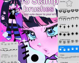 15 Procreate Stamp Brushes | Kawaii Doodle Decor, Skull, Heart, Star, Coquette Bows