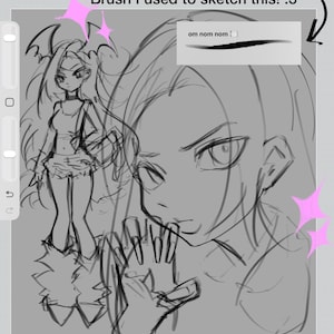 May include: A digital sketch featuring a full-body character with bat-like wings and a close-up portrait of a character with long hair. The image includes text that reads Brush I used to sketch this! :3 and om nom nom with a brush stroke sample.