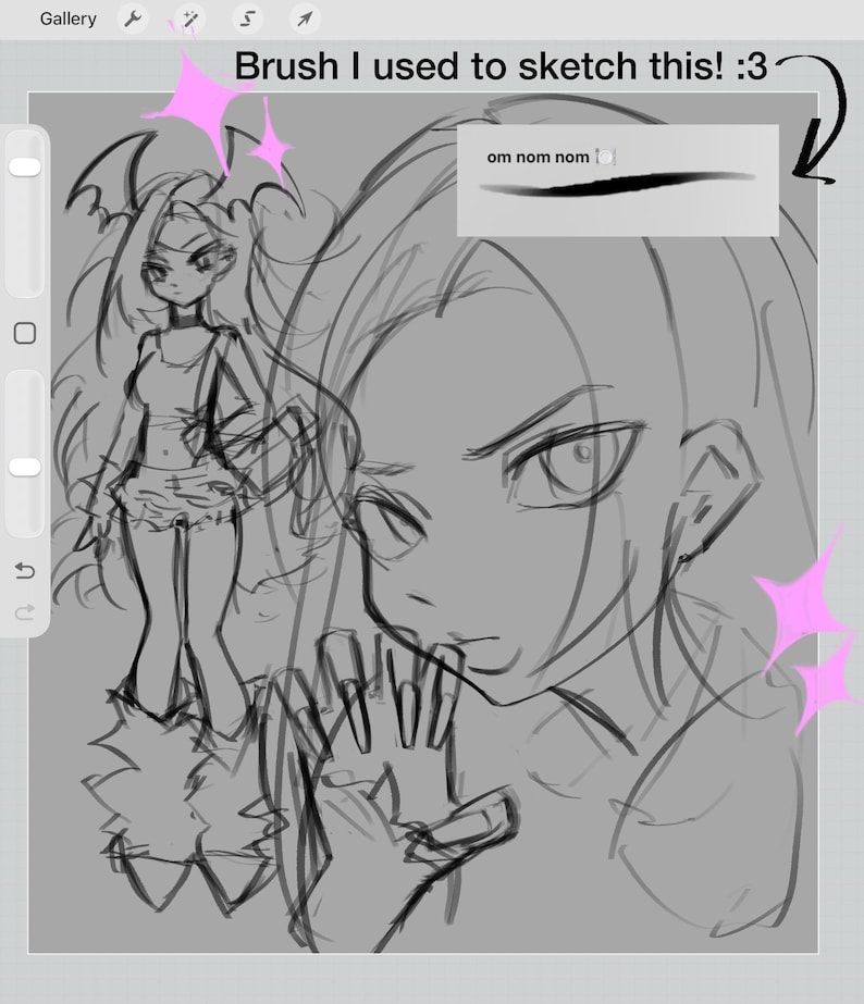 May include: A digital sketch featuring a full-body character with bat-like wings and a close-up portrait of a character with long hair. The image includes text that reads Brush I used to sketch this! :3 and om nom nom with a brush stroke sample.