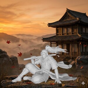 Personaje samurái 3D inspirado en Yasuo con escena de ambiente cinematográfico japonés.