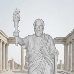 May include: A white statue depicting a bearded man holding a flaming torch and a scroll. The figure is clad in classical robes, with a background of ancient columns and a bright sky. The sculpture is a representation of a philosopher.