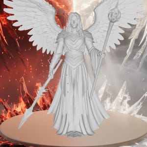 May include: A white statue of an angel with large wings, holding a spear and a staff with a decorative top. The angel is wearing a long gown and armor on the shoulders. The background is split, with a fiery red side and an icy white side.